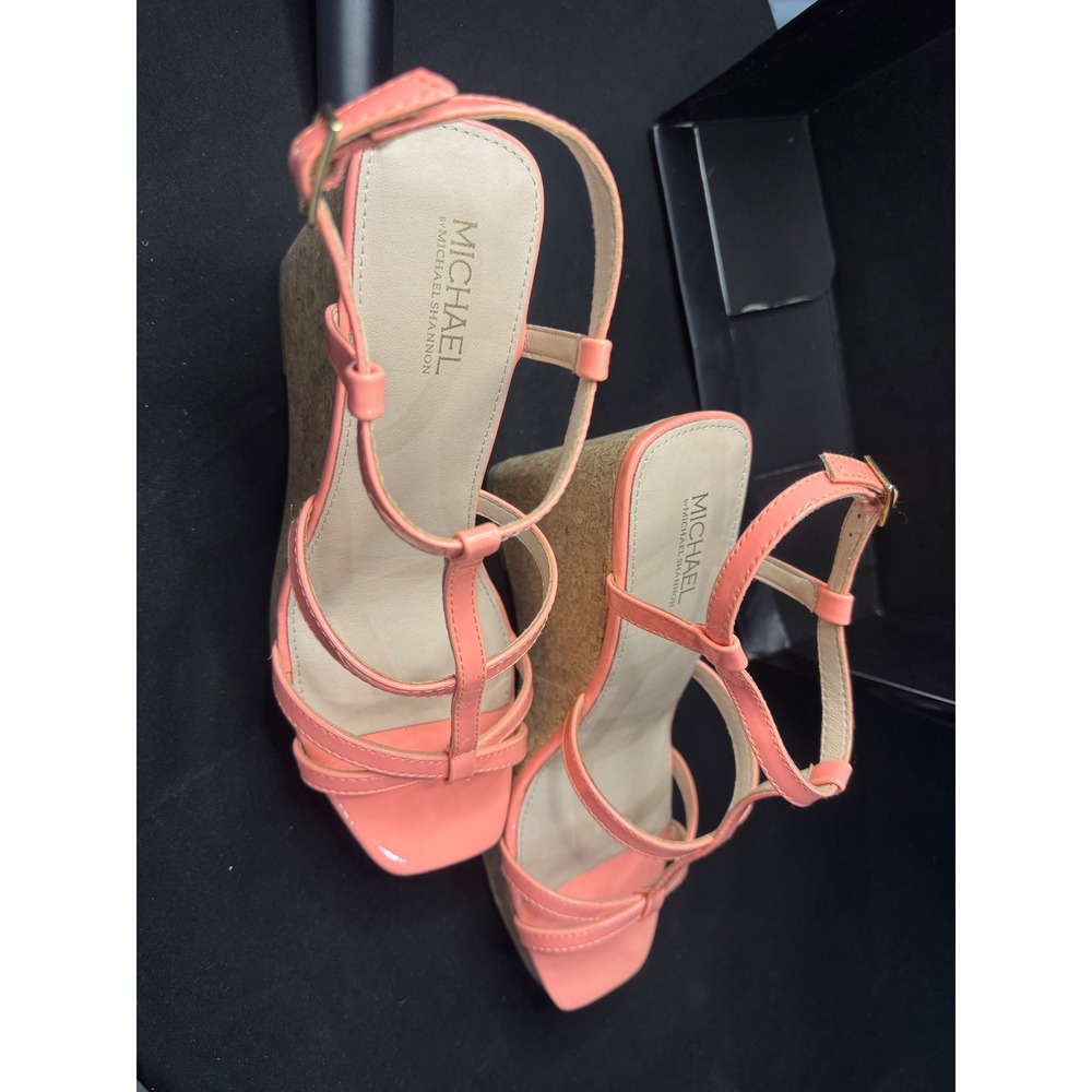 Michael Shannon Natalia Coral Pink Patent Cork Wedge Sandals Strappy Square Toe - Picture 2 of 4